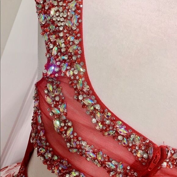 Burgundy Floral-Print Cap Sleeve With Crystal beading, Cocktail Party Dress - Picture 8 of 12